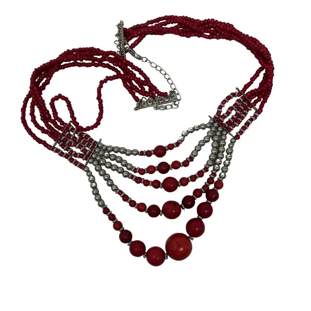 Cleopatra Choker Red‎ Silver Tone Beaded Statement Necklace